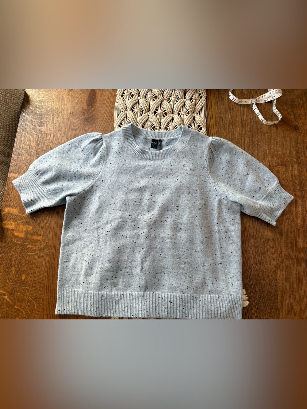Puff-Sleeve Speckled Crewneck Sweater - Light blue
